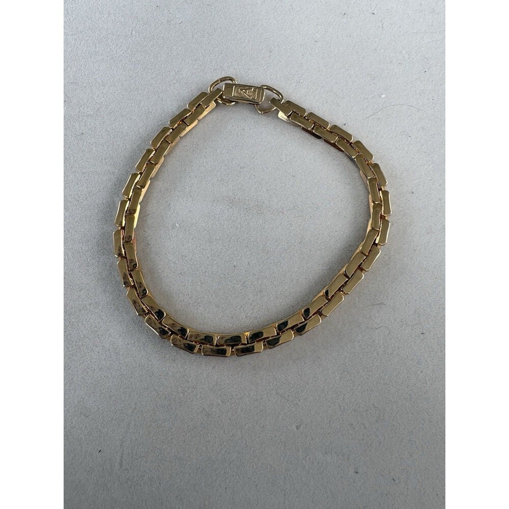 Vintage Artisan Signed Gold Tone Brick Link Bracelet Foldover Clasp 1980s 8”